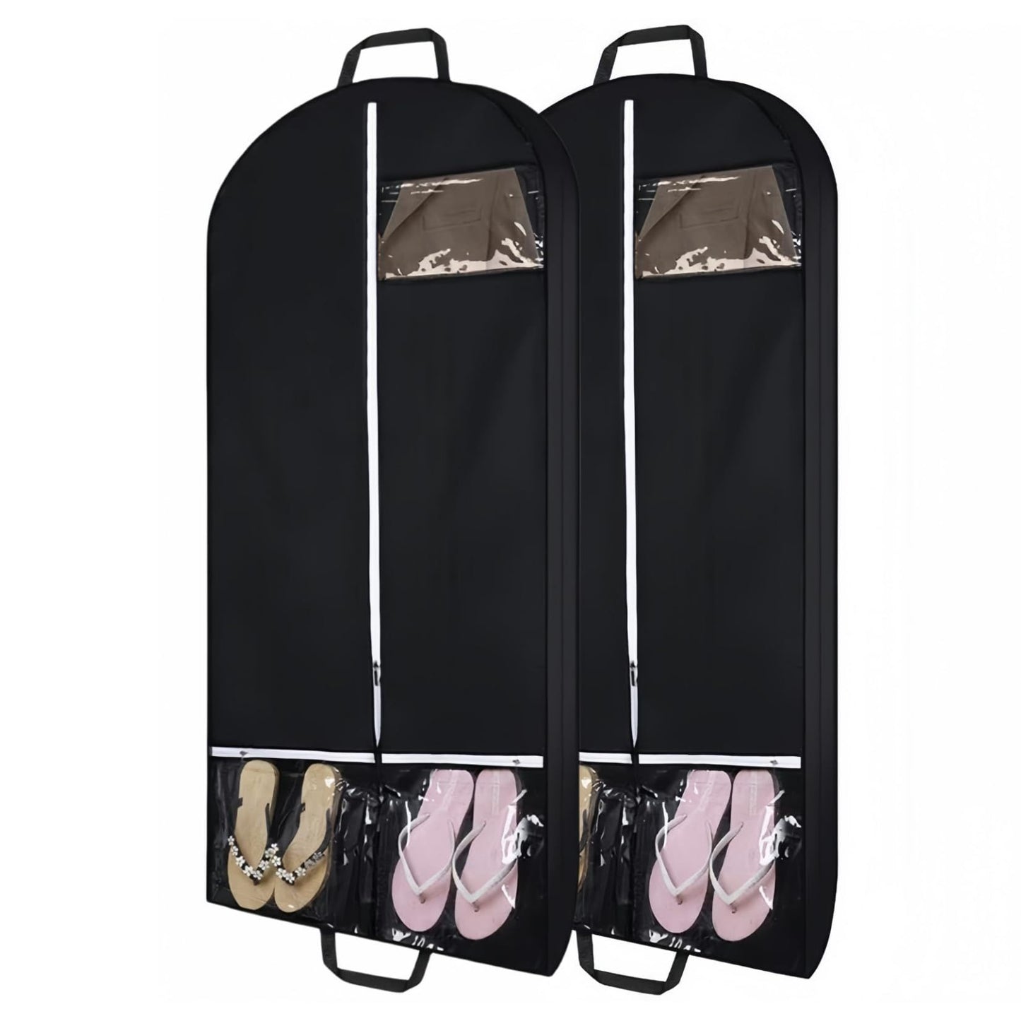 2 pack 50" Garment Bags for Travel and Clothes Storage with 2 Clear Pockets, Hanging Clothes Cover Suit Bag for Closet Storage with Handles for Suits, Dress, Coats (Black,only bag)