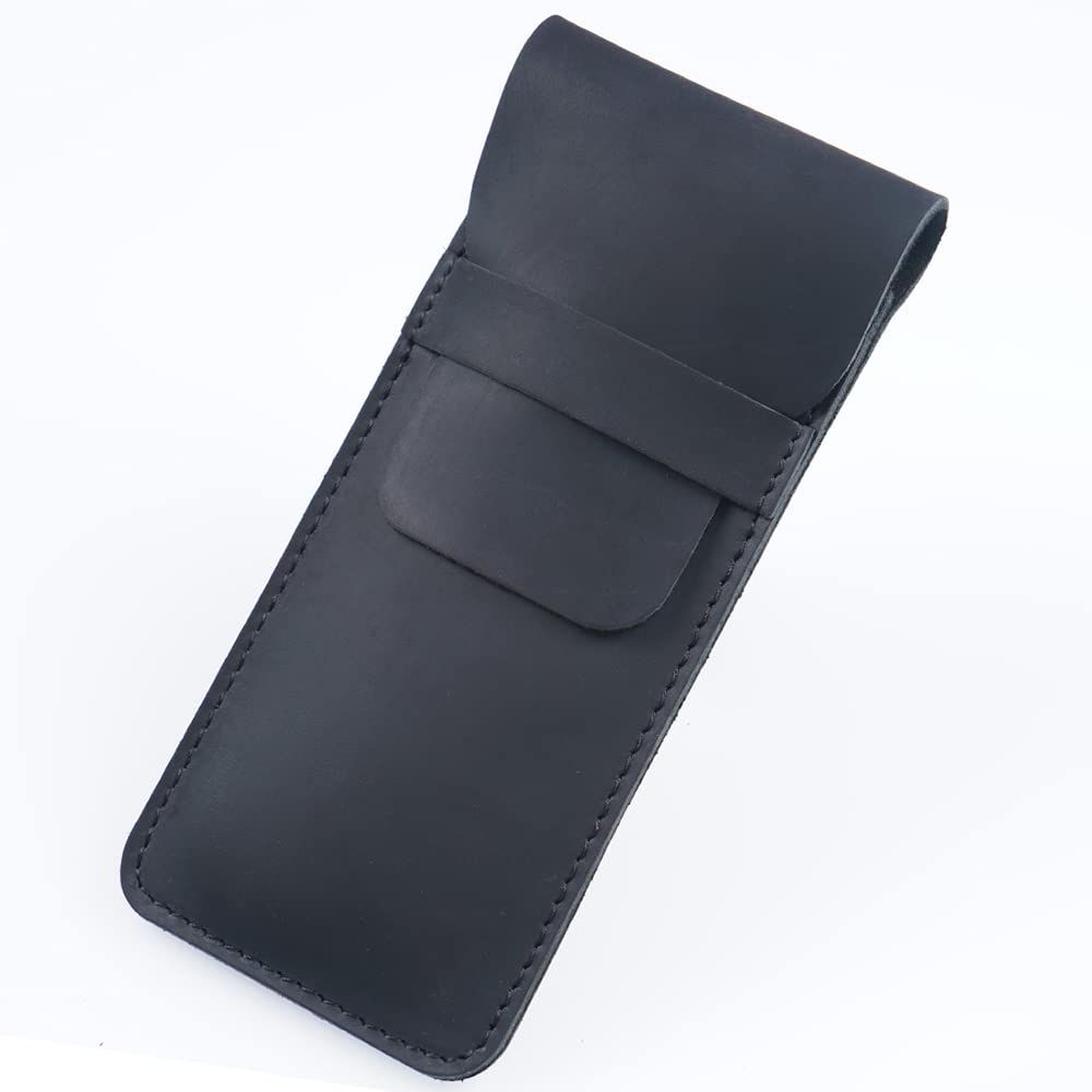 Leather Pen Case Pencil Pouch Holder Ballpoint Rollerball Pens and Pencils with Tuck in Flap,Classic Storage Gift, Black