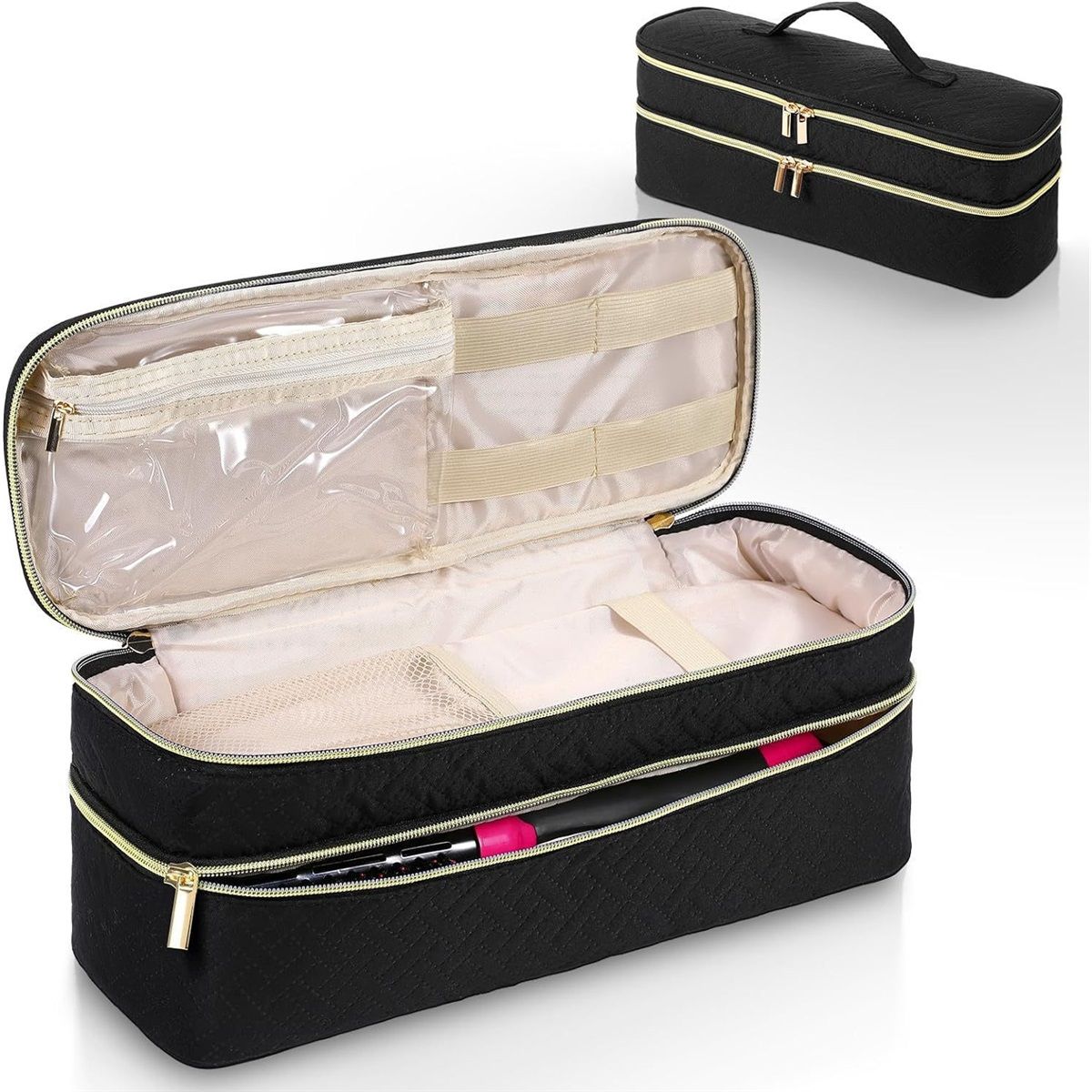 Travel Carrying Case Compatible with Hair Dryer Brush/Volumizer/Styler/Hot Tools,Double-Layer Storage Organizer Bag ,Black(Bag Only)