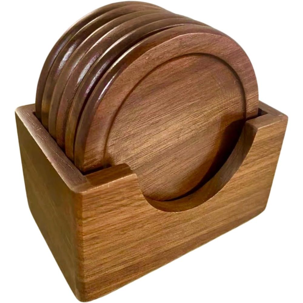 Coasters for Drinks Coffee Table Walnut Drink Coasters Set 6 PCS Wood Cup Coasters 3.5 Inch Non-Slip Round Wooden Coffee Mats with Holder for Bar Party