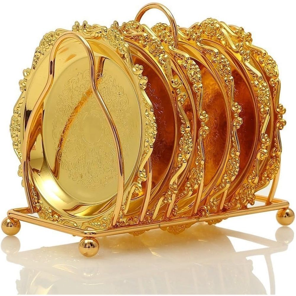 Coasters with Gold Holder Stand, Round Gold Style Coasters Decorative Tabletop Protection for Cake and Fruit Tray Kitchen Home, Set of 6