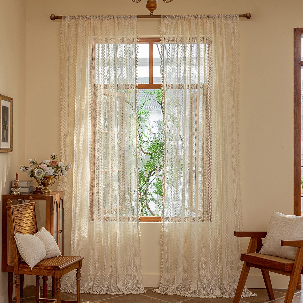2 pack Boho Semi Sheer Curtains 55 inch Length 2 Panel Set for Bedroom & Farmhouse, Bohemian Light Filtering Privacy Drapes Tassels Shabby Chic Embroidery Window Curtains