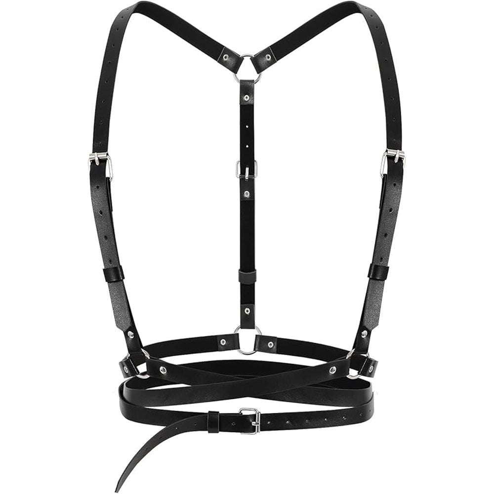 Punk Waist Belt Women PU Leather Skinny Body Adjustable Belts with Gothic Circle for Party, Nightclub, Dating