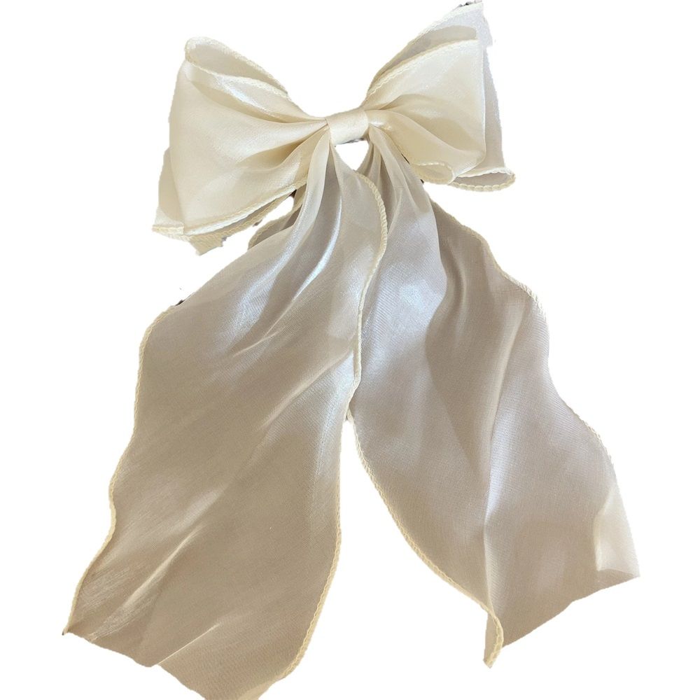 2 pack Vintage Long Silk Bow Hair Clip Barrette Ribbon Mesh Bow Head Clip Headwear Bowknot Accessories for Women (beige)