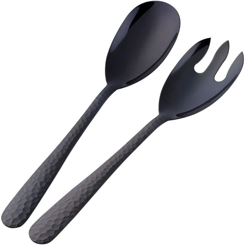 Salad Spoon and Fork Set, 12 Inch Stainless Steel Salad Server, Black Serving Utensils, Dishwasher Safe, Pack of 2