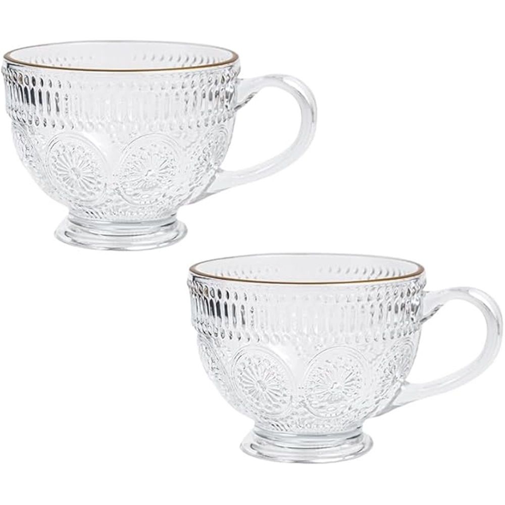 Set of 2 Vintage Glass Coffee Mug, 400ml Embossed Tea Cup Vintage Glassware for Breakfast, Ideal for Milk, Coffee, Cappuccino, Latte, Cereal, Yogurt