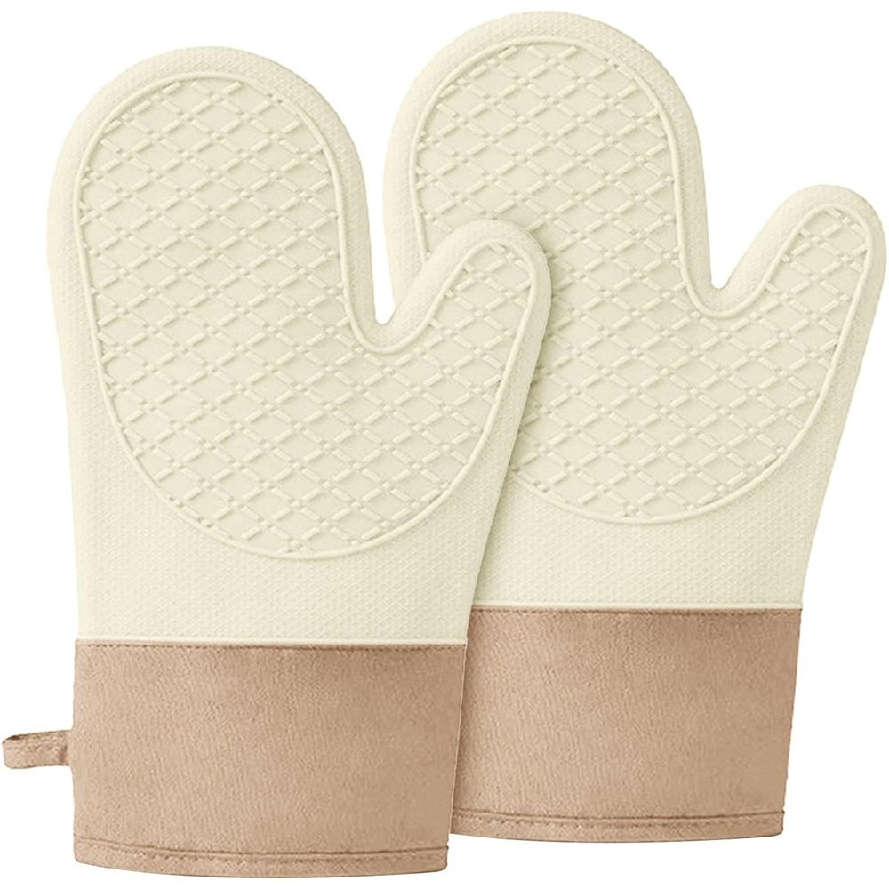 1 pair of Silicone Oven Mitts，Heat Resistant up to 572°F, Oven Gloves with Soft Lining, Non-Slip Kitchen Essentials, Kitchen Gadgets, Apartment Essentials, Great Gift for Cooking (beige-1pair)