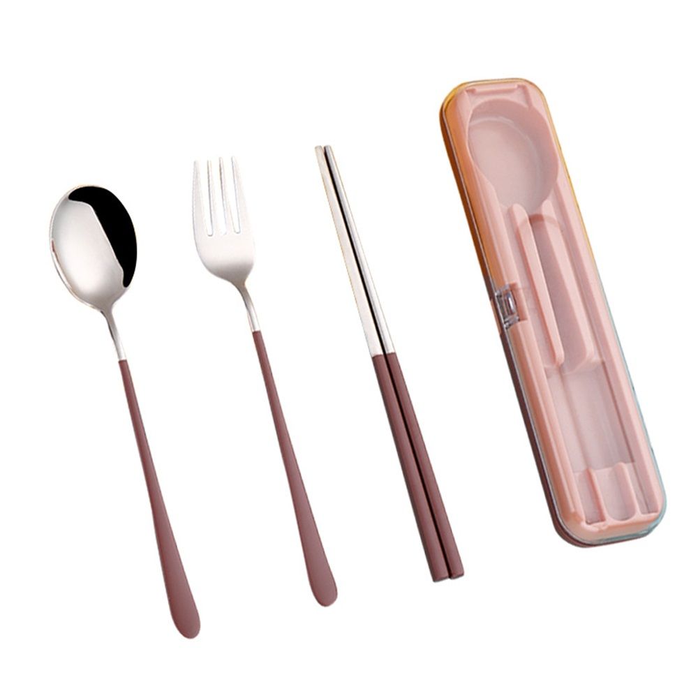 Portable Utensils, Travel Reusable Silverware Flatware Set for Lunch, Stainless Steel 3-Piece Camping Cutlery Include Fork Spoon Chopsticks with Case (Brown)