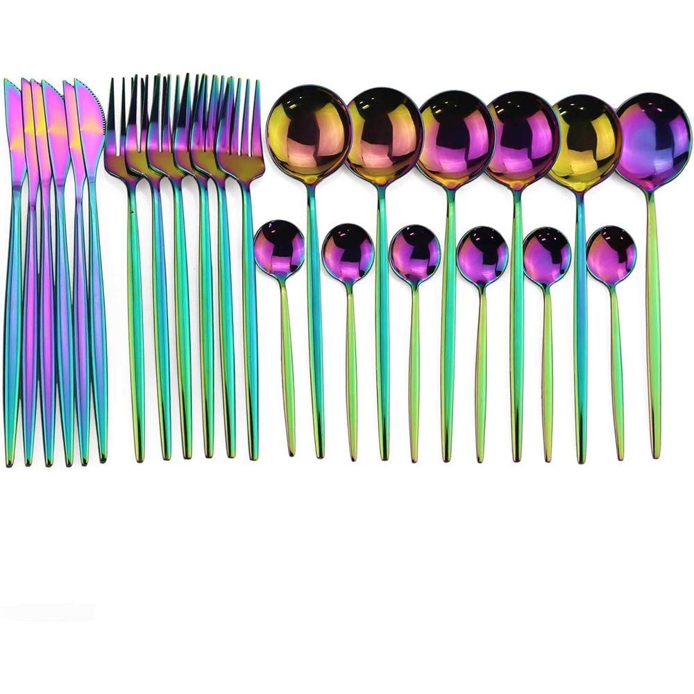 24-Piece Flatware Set, Stainless Steel Knife Fork Spoon Teaspoon Silverware Set, Service for 6, MIrror Rainbow