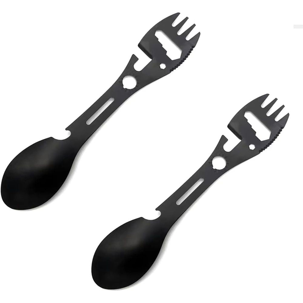 4 pack Multifunctional Outdoor Fork Spoon Detachable Tableware,10-in-1 Utility Tactical Spork, Stainless Steel Spoon & Bottle Opener, Fork & Knife, Combo Camping Utensil for Hiking(Black)