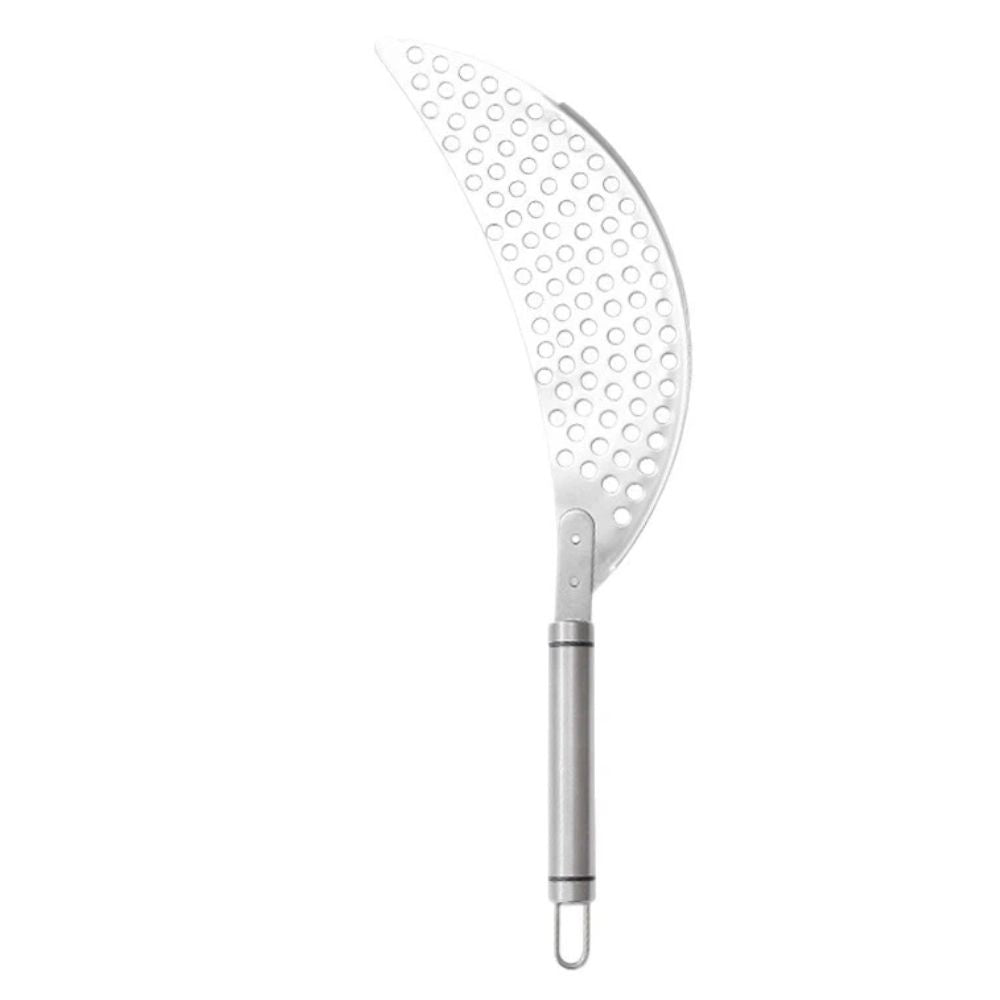 2 pack Pan Pot Strainer with Handle Stainless Steel Hand Held Crescent Drainer for Spaghetti Fry Noodles Fruit Vegetable Pasta Strainer Heavy Duty Food Drainers