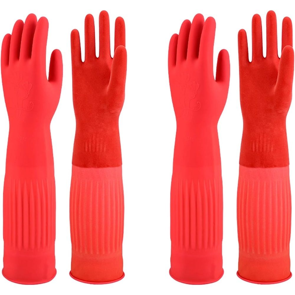 Rubber Dishwashing Cleaning Gloves (2-Pair) - Reusable, Waterproof with Extra-Long Cuff & Anti-Slip Design for Household & Kitchen Use - L