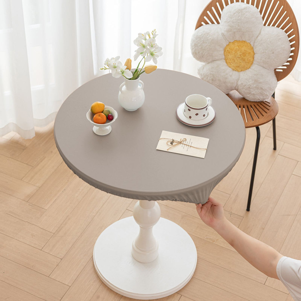 Round Fitted PU Tablecloth with High Elastic Edge 35 Inch Dia Waterproof Oil Proof Table Cloth Anti-Scald Stain-Resistant Wipeable Table Cover for Indoor Outdoor Picnic (Grey,35" Dia，Only tablecloth)