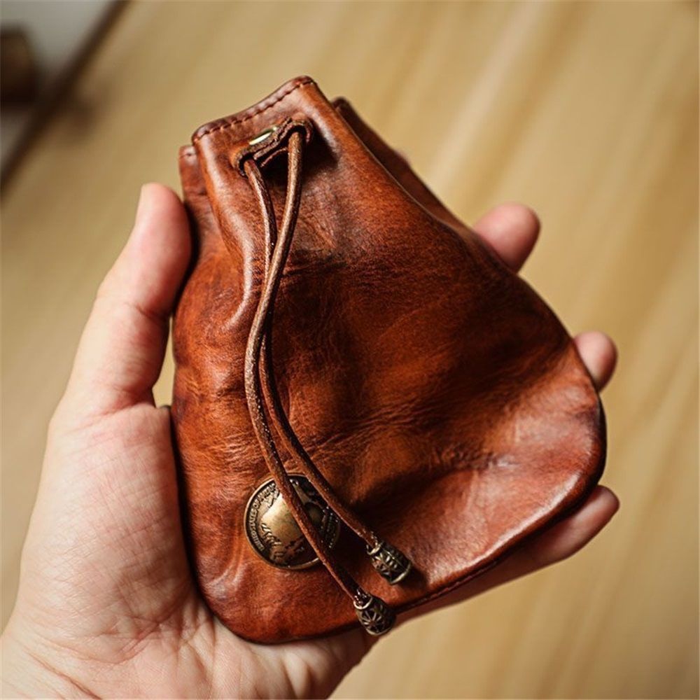 Simple Retro Storage Bag New Leather Drawstring Coin Purse Small Purses Wallets for Women Man Leather Coin Pouch Change Purse Mini Coin Purse Keychain Wallet Mens Coin Pouch (Brown)