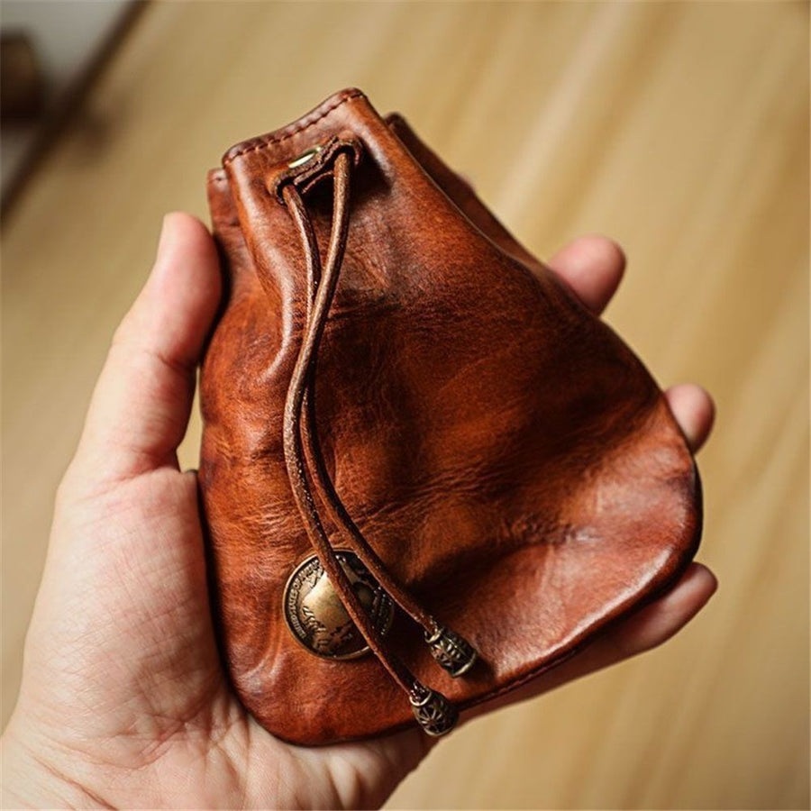 Simple Retro Storage Bag New Leather Drawstring Coin Purse Small Purses Wallets for Women Man Leather Coin Pouch Change Purse Mini Coin Purse Keychain Wallet Mens Coin Pouch (Brown)