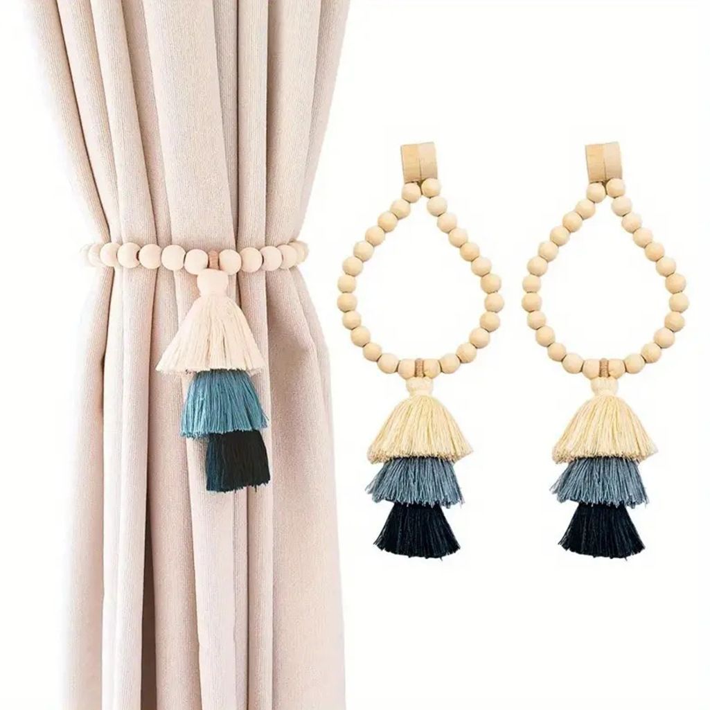 Handmade Magnetic Wooden Bead Curtain Tiebacks 2 PCS | Simple Elegant Magnetic Tassel Curtain Tie Backs | Accessories Wall Decoration | Drapery Tiebacks for Bedroom Window Treatment