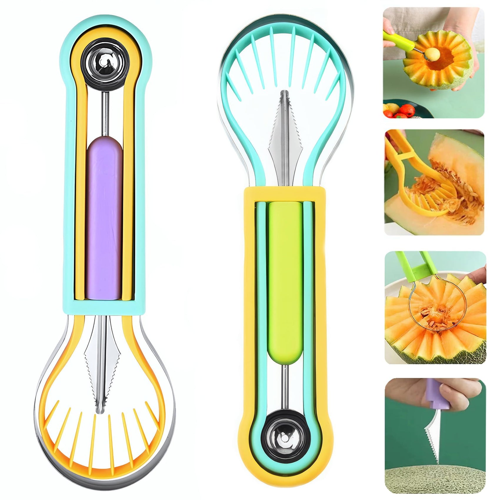 2 PCS Melon Baller Scoop Set, 4 in 1 Stainless Steel Stainless Steel Fruit Tool Set, Fruit Carving Tools for Dig Pulp Separator, Watermelon Cutter Slicer Fruit Scooper (Green + Purple)