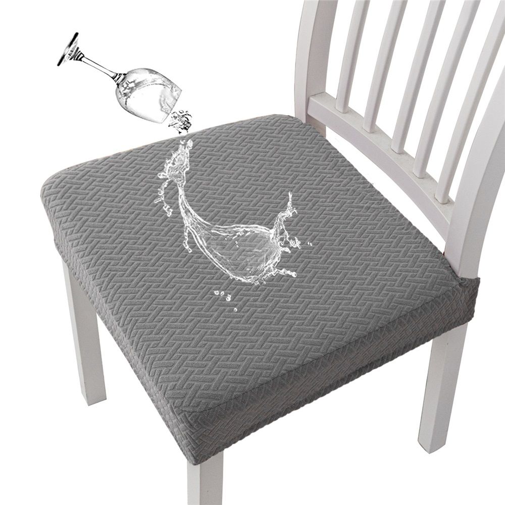 Waterproof Seat Covers for Dining Room Chairs Set of 4, Stretch Jacquard Removable Washable Chair Seat Slipcovers Protector, No Rear Covers, light gray（Only chair covers）