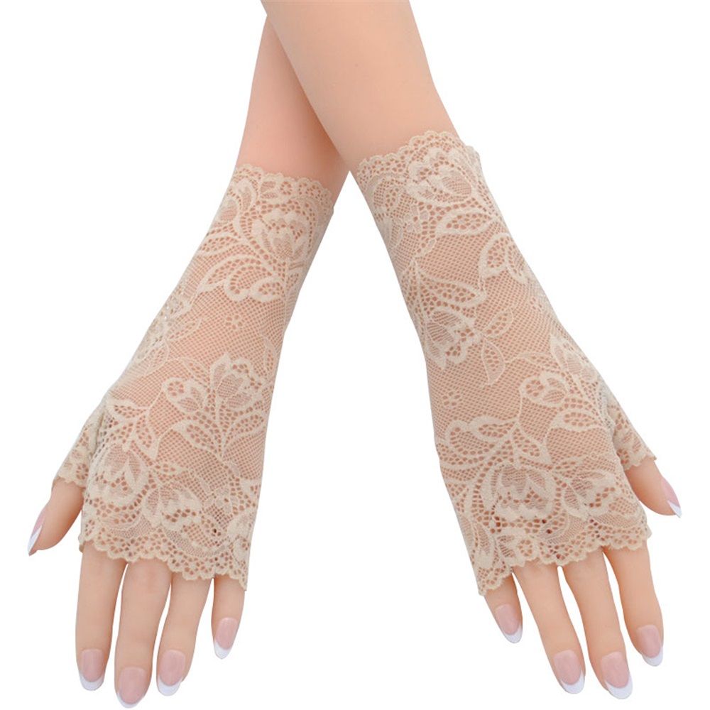 2 pairs Women Sunblock Short Lace Half Fingerless Gloves Fancy Wrist Length Bridal Wedding Events Party Glove （skin color）