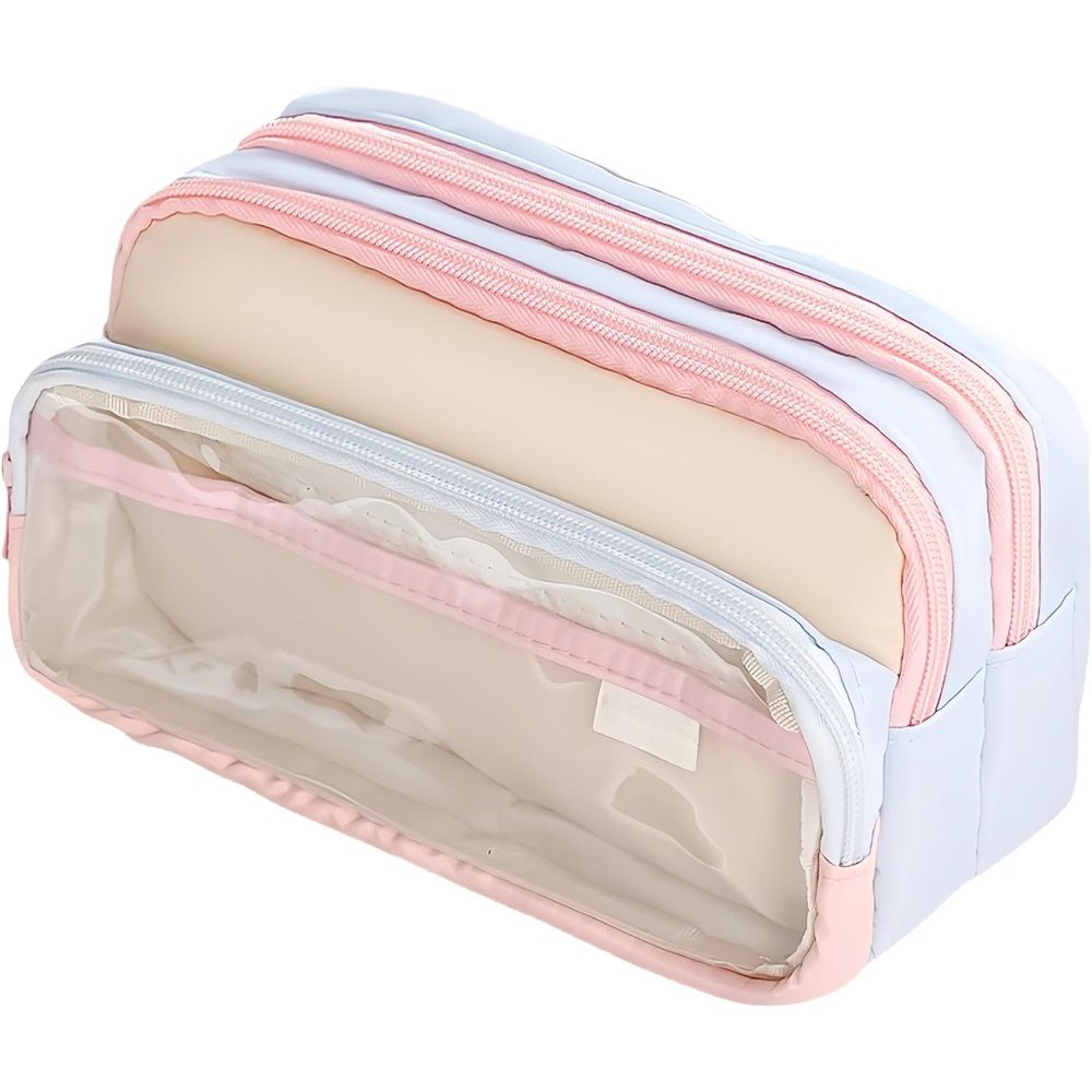 4-Layer Transparent Large Capacity Pencil Case - Aesthetic Style Makeup & Supplies Organizer Pouch (Pink blue)