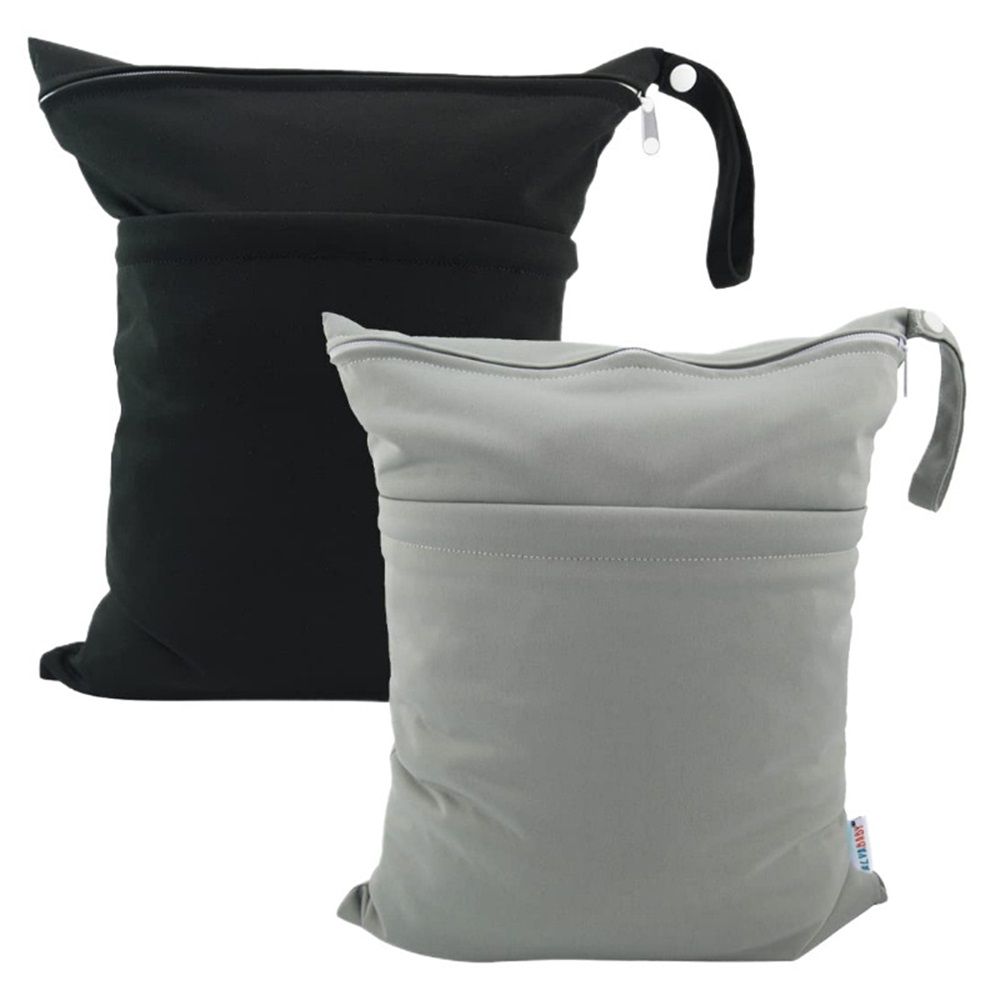 2pcs Superior Waterproof Wet Dry Bags,Reusable Two Zippered Pockets, baby cloth diaper wet bags,Travel,Beach,Pool,Daycare,Soiled Items,Yoga Gym Bag,wet bag for swimsuit Black&Grey