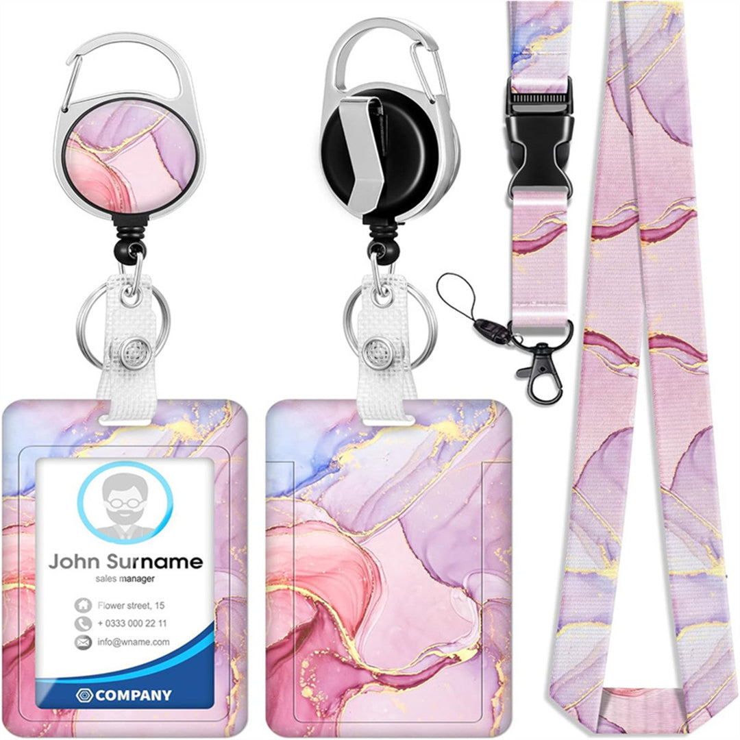 1pc card holder, pink marble-patterned tag, badge scroll, retractable easy-pull buckle, detachable lanyard