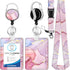 1pc card holder, pink marble-patterned tag, badge scroll, retractable easy-pull buckle, detachable lanyard