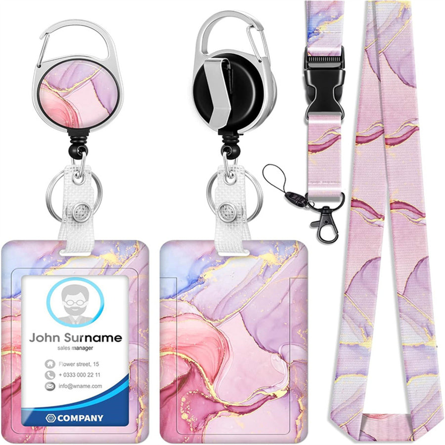 1pc card holder, pink marble-patterned tag, badge scroll, retractable easy-pull buckle, detachable lanyard