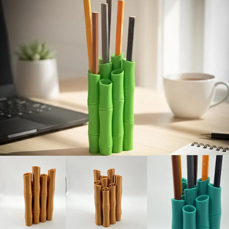 A 3D-printed bamboo pen holder can hold pens, pencils, markers, or drawing tools, adding a tranquil and natural atmosphere while keeping the work area tidy.