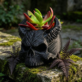 3D-printed horned skull flower pot, succulent plant pot, black.