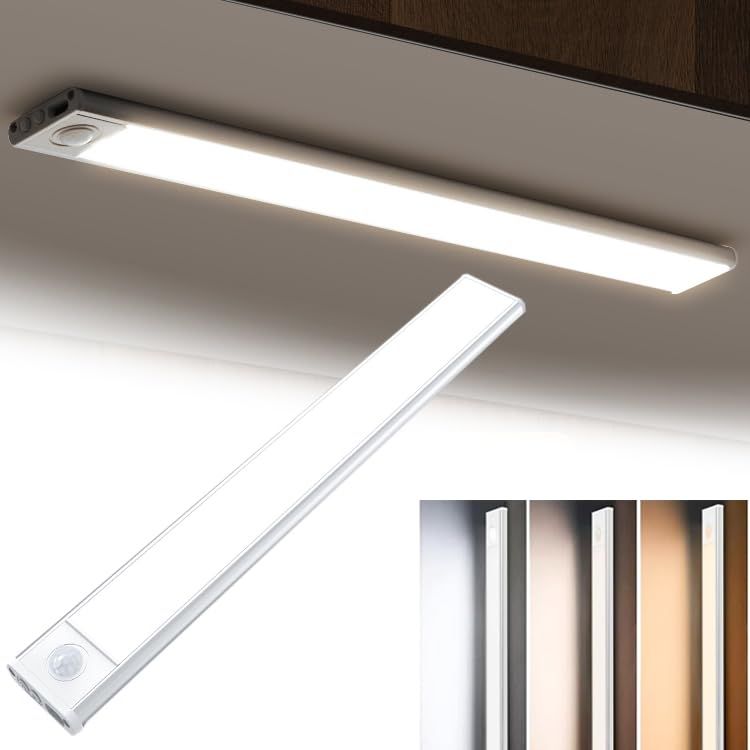 20cm silver LED light strip, wireless magnetic under-cabinet lighting, USB rechargeable, suitable for wardrobes, kitchens, and hallways.