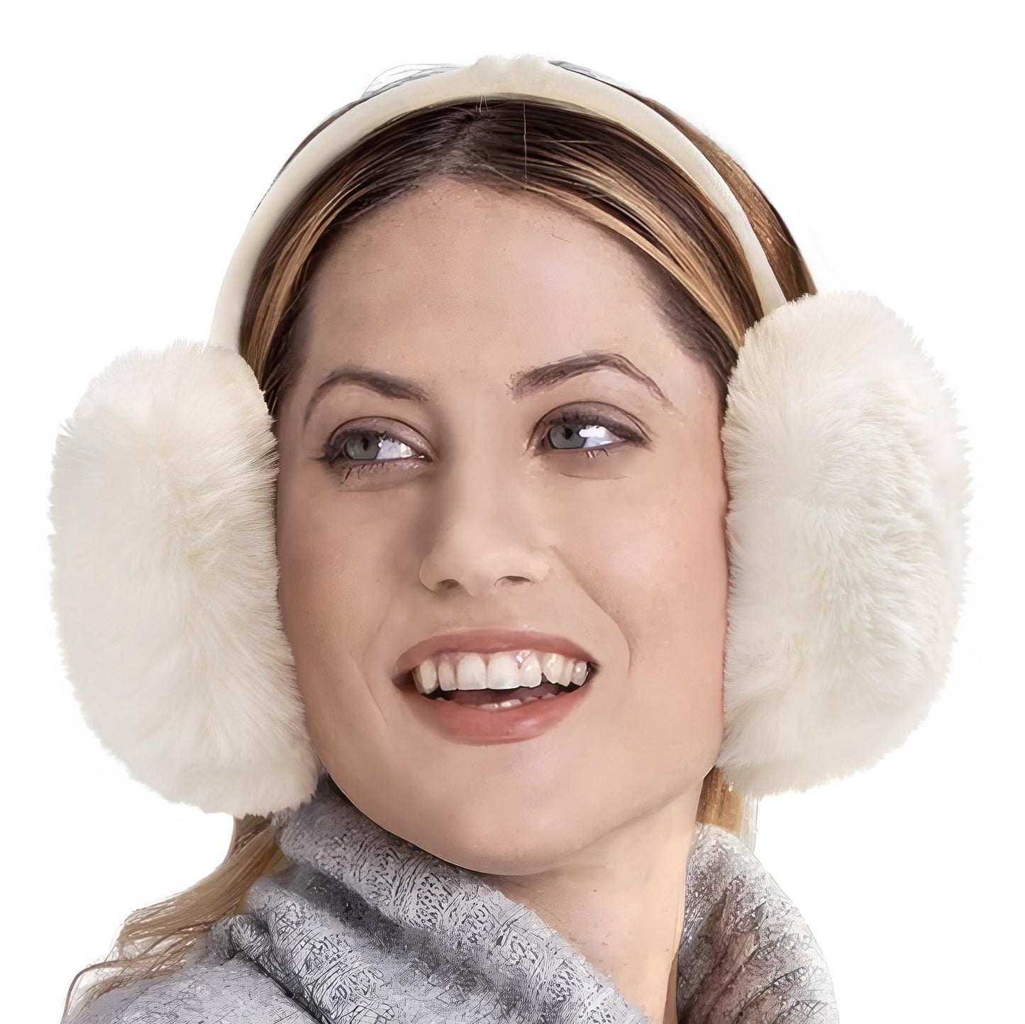 Cream White Fluffy Plush Winter Ear Muffs for Women, Foldable Soft Ear Warmers Windproof Thermal Earmuffs for Cold Weather Outdoor Daily Wear