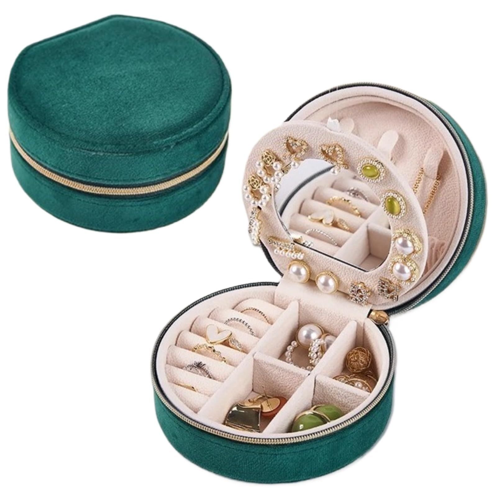Green Small Portable Jewelry Box with Mirror for Travel, Luxury 3 Layers Jewelry Organizer Compact Case for Necklace Earring