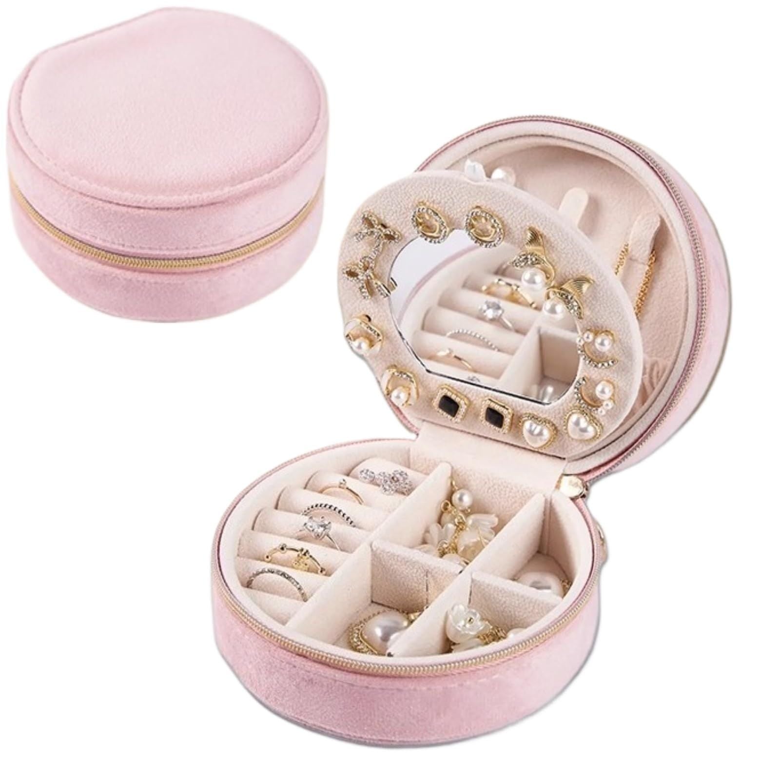 Pink Small Portable Jewelry Box with Mirror for Travel, Luxury 3 Layers Jewelry Organizer Compact Case for Necklace Earring