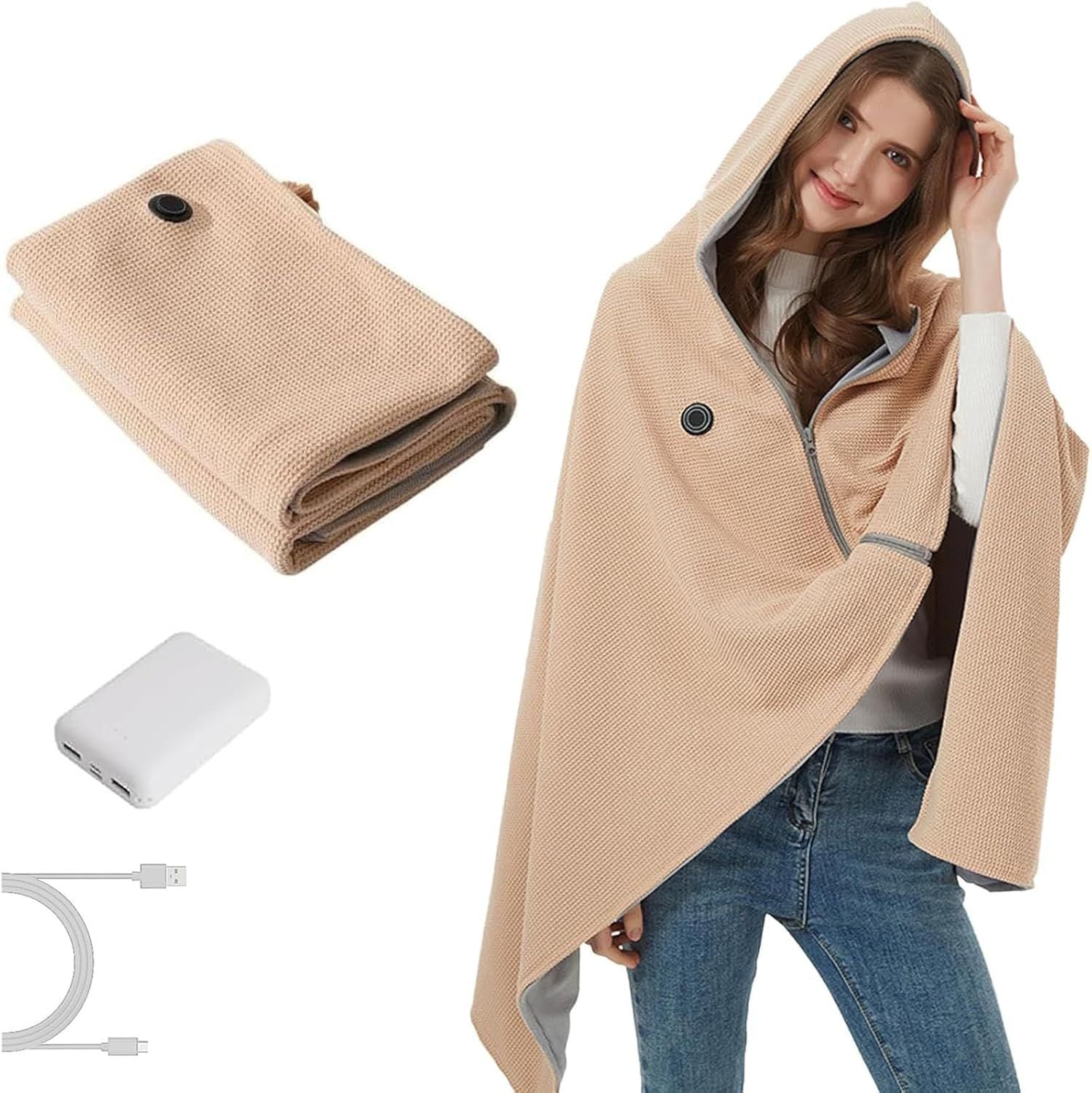 USB Power Supply Electric Heated Blanket Shawl Portable Wearable Heated Throw 3 Heat Levels Machine Washable Cozy 62x32 Inches,Apricot