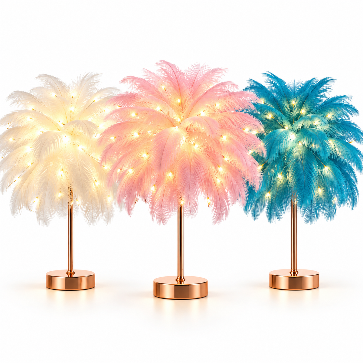 Ostrich Feather Table Lamp White, 80 Hand-Woven Natural Feathers, 3 Colour Temperature Touch Dimming, USB Rechargeable LED Bedside Lamp with Gold Metal Base