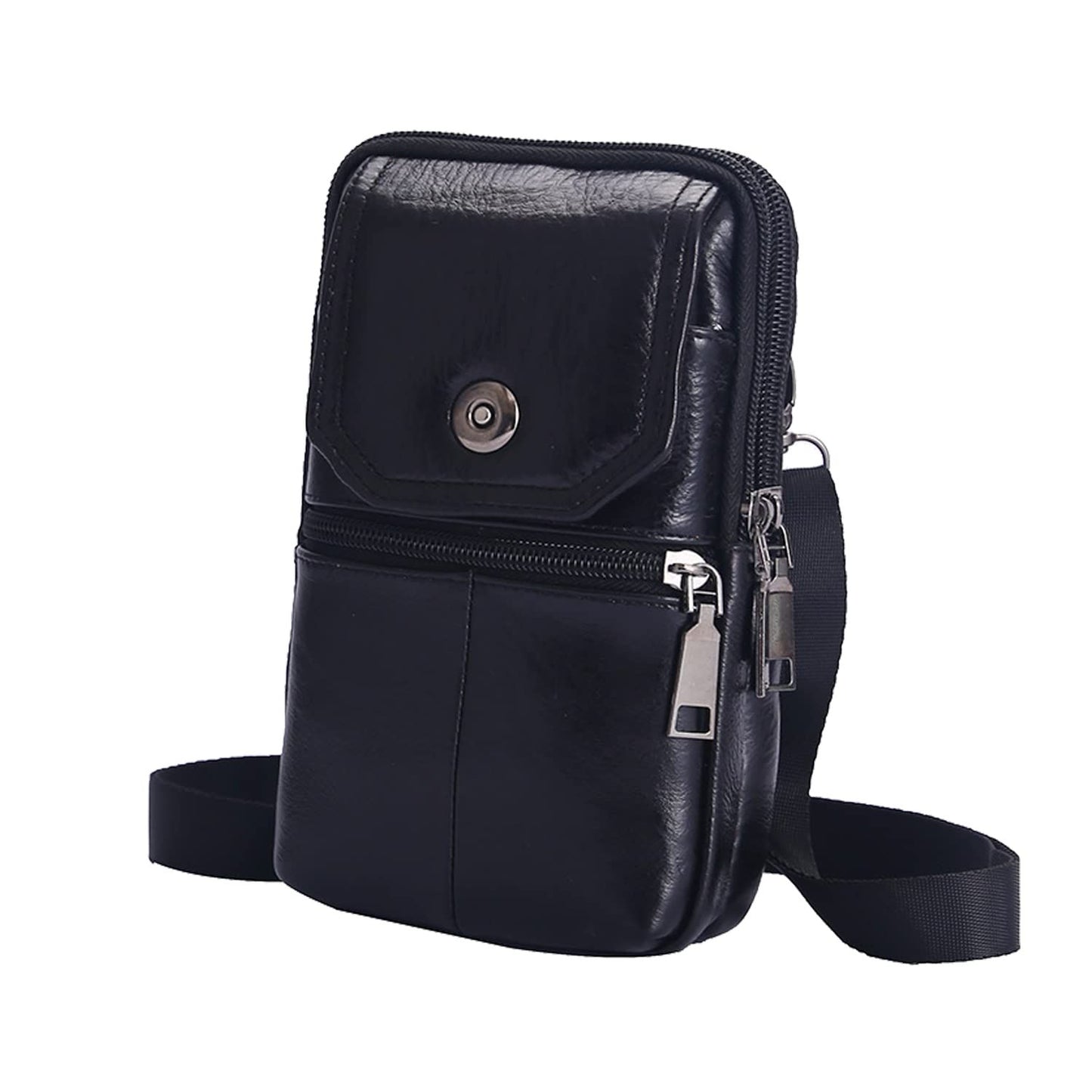 Black genuine Leather Men’s Crossbody Waist Bag, Multifunctional Belt Pouch, Portable Outdoor Phone & ID Card Holder, Casual Fanny Pack for Daily‑use
