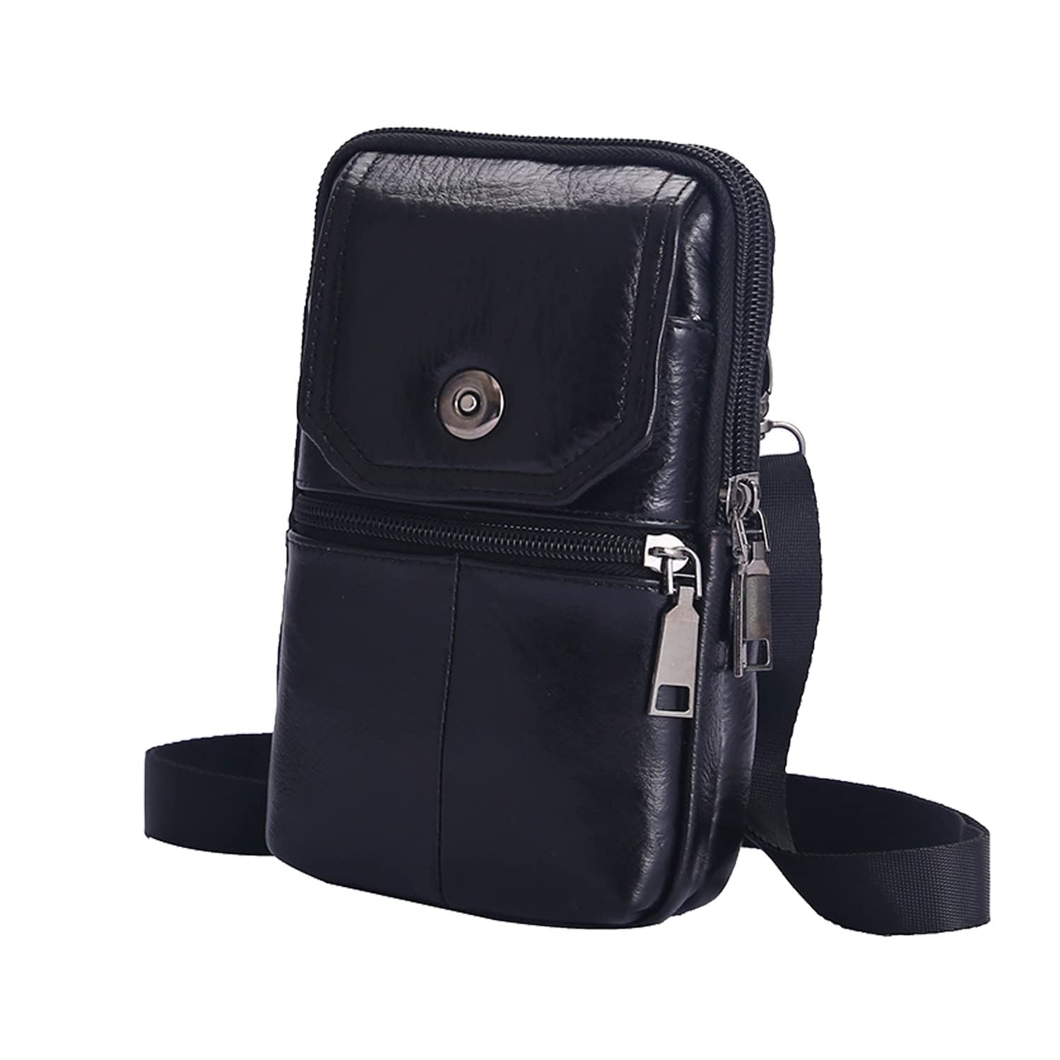 Black genuine Leather Men’s Crossbody Waist Bag, Multifunctional Belt Pouch, Portable Outdoor Phone & ID Card Holder, Casual Fanny Pack for Daily‑use