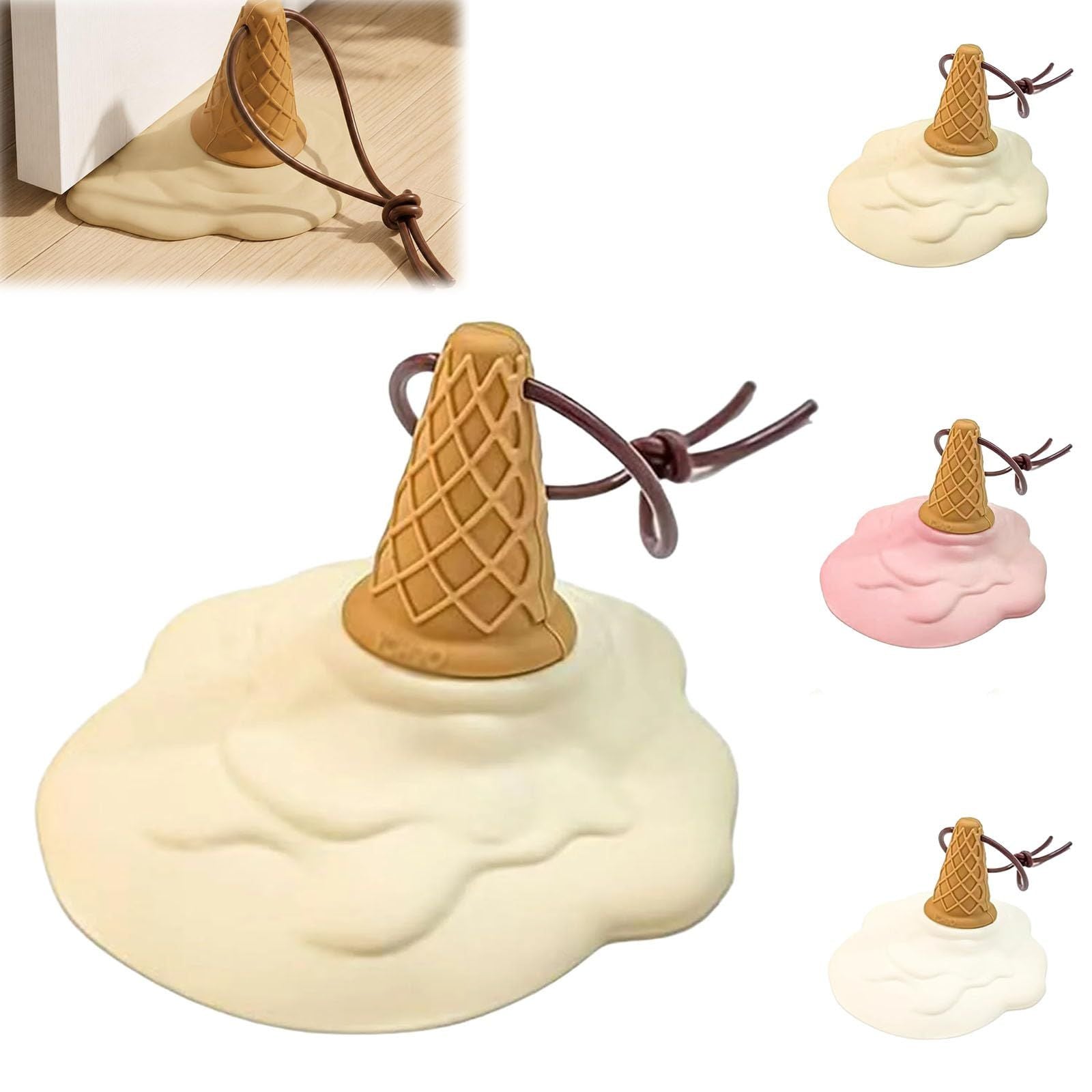 Pink Cartoon Ice Cream Shaped Silicone Door Stopper with Suction Cup Base Detachable Lanyard Multi‑Color Optional for Household Door Positioning Anti‑Collision Interior Safety Layout