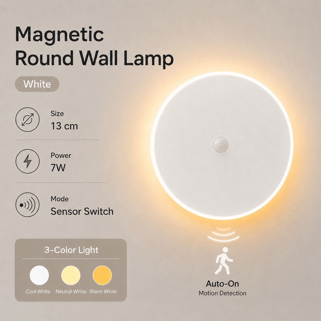 Magnetic Round Wall Lamp 13cm White, 7W Rechargeable LED Wall Sconce with Motion Sensor, 3-Color Light, Battery Powered Modern Disc Wall Light for Hallway Entryway Bedroom