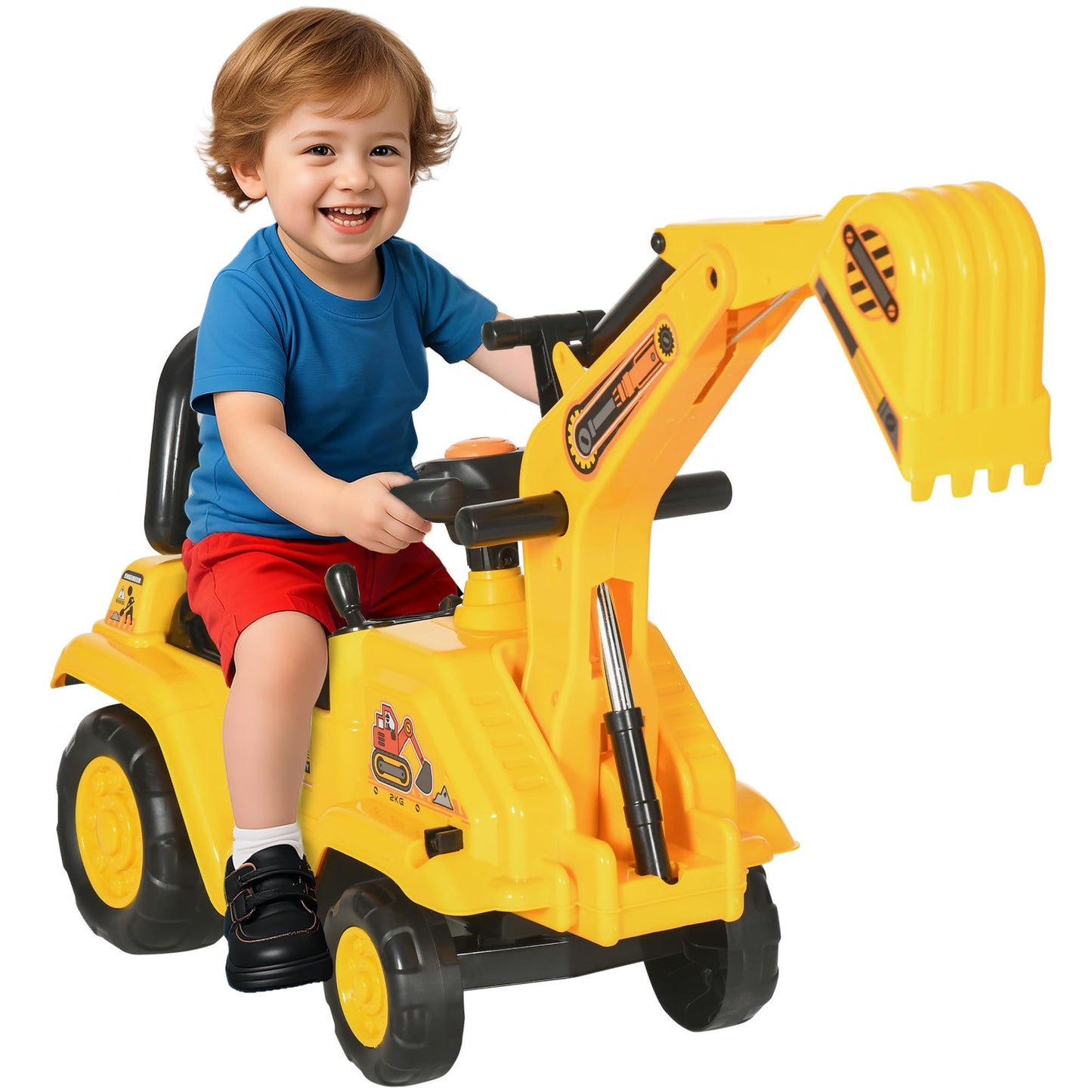 Yellow children's ride-on excavator puller, with horn, under-seat storage space, sit-and-slide role-playing construction vehicle toy, suitable for children aged 18-48 months.