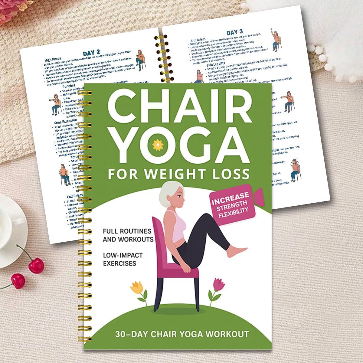 Chair Yoga for Seniors Over 60 – 30-Day Weight Loss & Toning Guide, 15-Min Daily Routine, Illustrated Poses & Progress Tracker, 4-Pack Spiral-Bound Home Fitness Book Set for Gentle Fat Burning & Muscle Strength