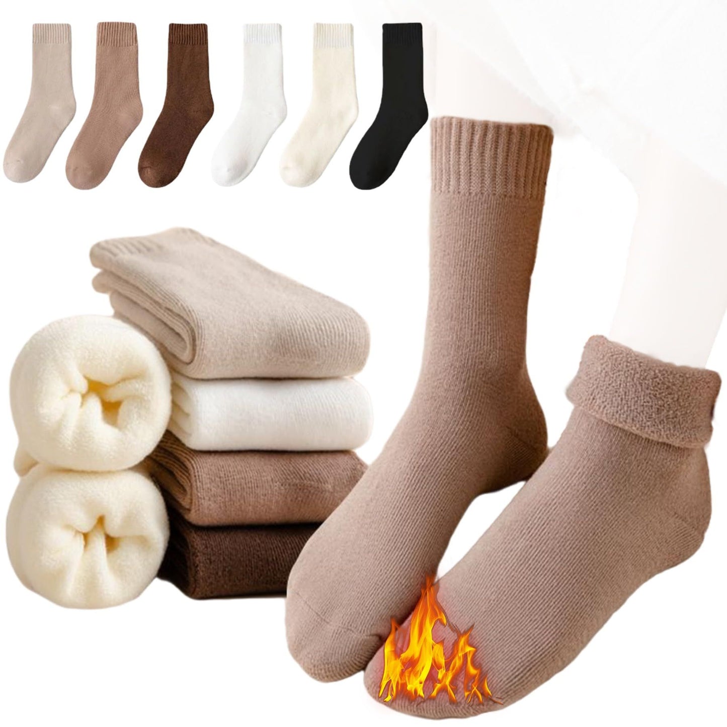5 Pairs Coffee Thermal Mid-Calf Socks Thermal Mid-Calf Socks - Thick Fleece Lined Winter Socks, Heat Retention Cotton Socks for Men & Women, Cold Weather Cozy Wear