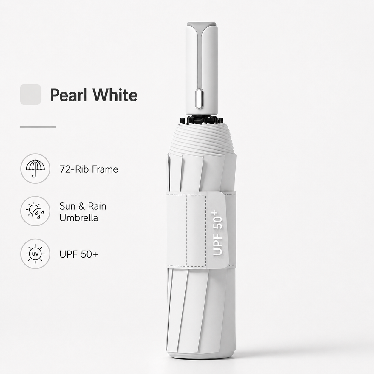 White automatic travel umbrella with 60 ribs, large double-layered wind and rainproof umbrella, portable folding sun umbrella, outdoor rain and sun protection.