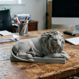 Classic Reclining Lion Sculpture Minimalist Grey Plaster Desk Ornament for Living Room, Study, or Office Decoration