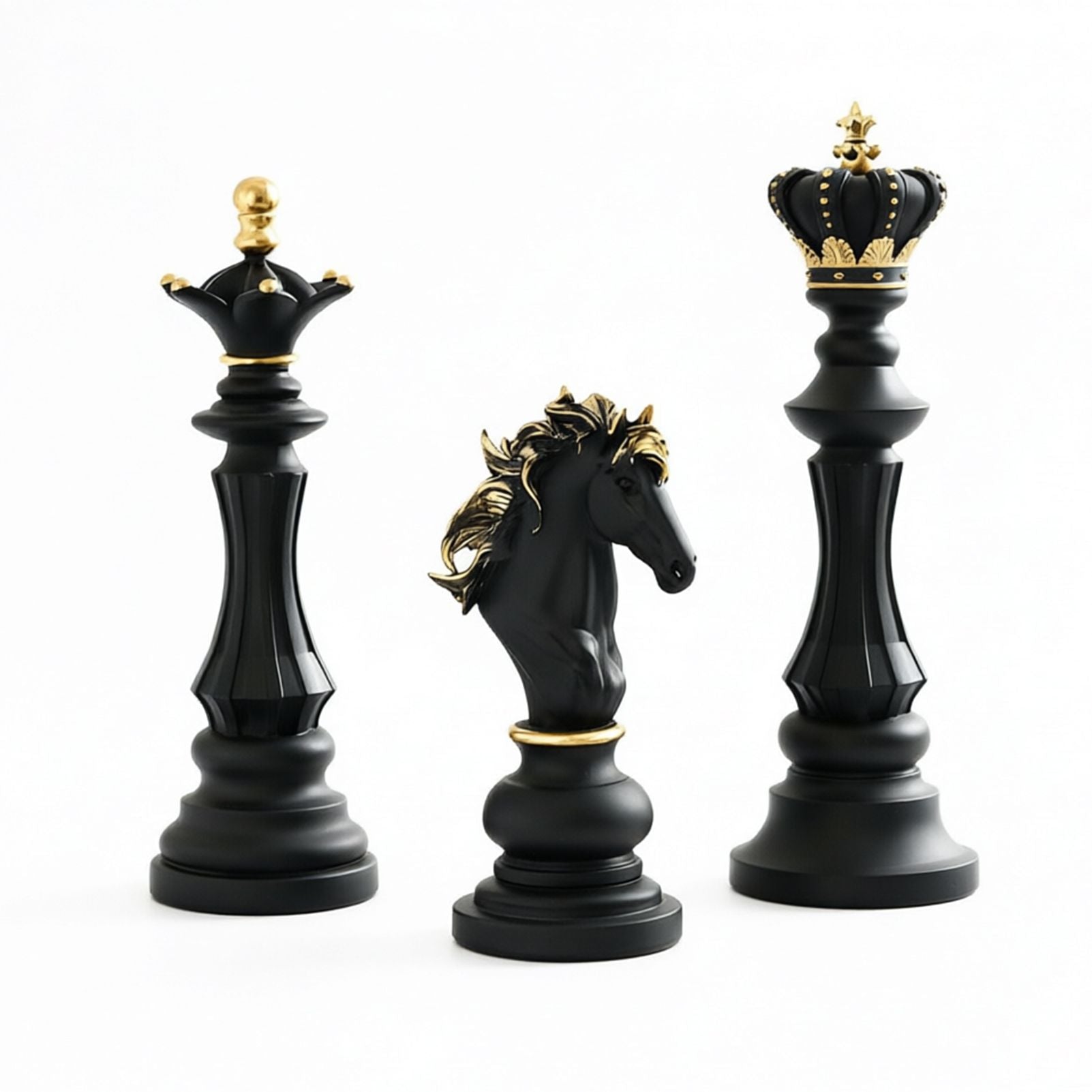 Luxury Resin Chess Piece Statues Set of 3 - King, Queen & Knight Horse Head Sculptures with Gold Trim - Classic Strategy Game Art Decor for Living Room, Study, Office & Bar Cabinet（Black）