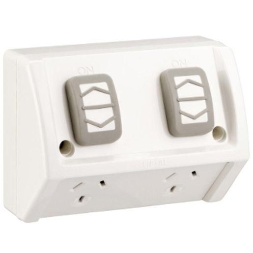 Clipsal Power Point 10A Double Weathershield Horizontal White Outdoor IP53 Flush Mount