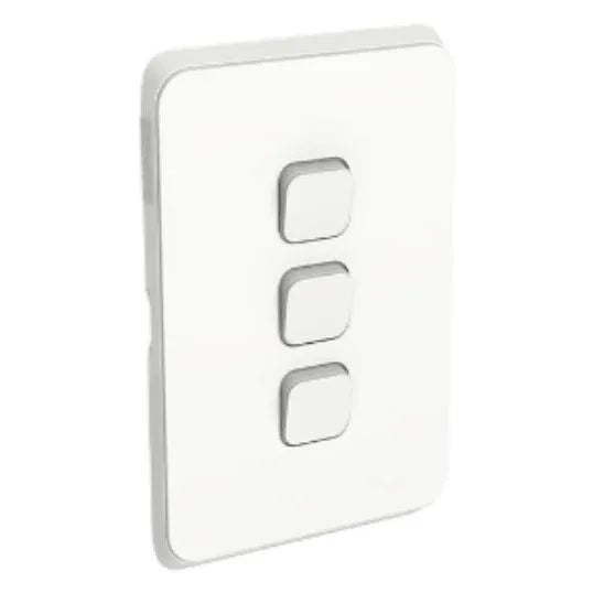 Clipsal Iconic Switch Flush Mount Rocker Standard 3 Gang 10A/AX 250V 1 Pole 1/2 Way Vertical Vivid White | 3043VAVW