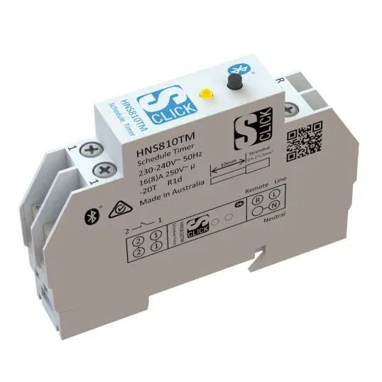 S-Click Time Switch Single Module Bluetooth Schedule 7 Day 1 Channel 230-240VAC 16A 10yr Reserve DIN Rail Mount | HNS810TM