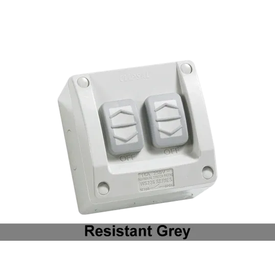 Clipsal Switch Sliding Surface Mount Weatherproof Square 2 Gang 16A 250V IP66 Horizontal Chemical Resistant Grey | WS226/2RG